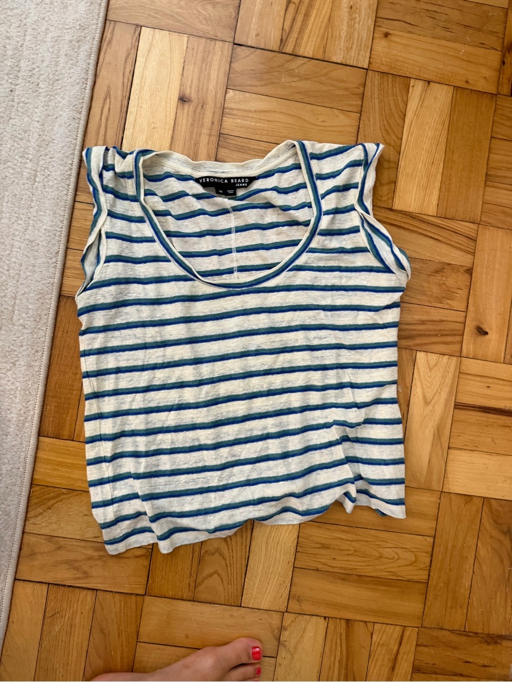 Veronica Beard Cream and Blue Striped Scoop Neck Tank